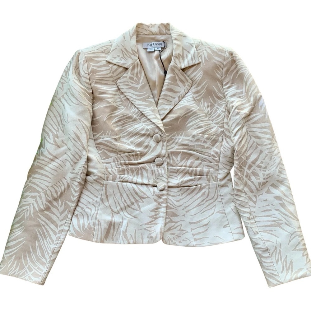 Kay Unger Leaf Print Ruched Buttoned Blazer Jacket Beige Ivory White Size 6